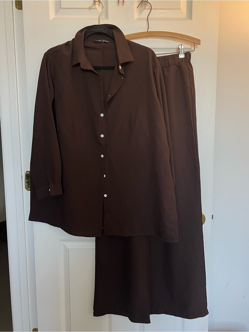 Brown Button Up & Flowy Pant Set